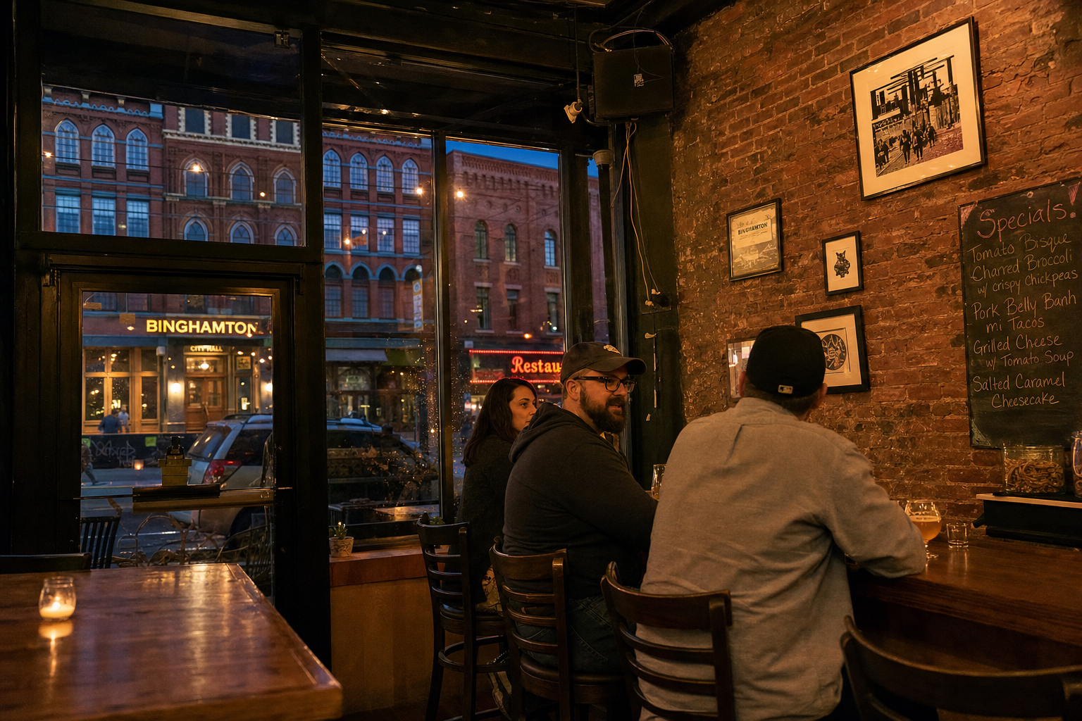 Small restaurant interior on Court Street in downtown Binghamton at twilight, exposed brick and warm lights.