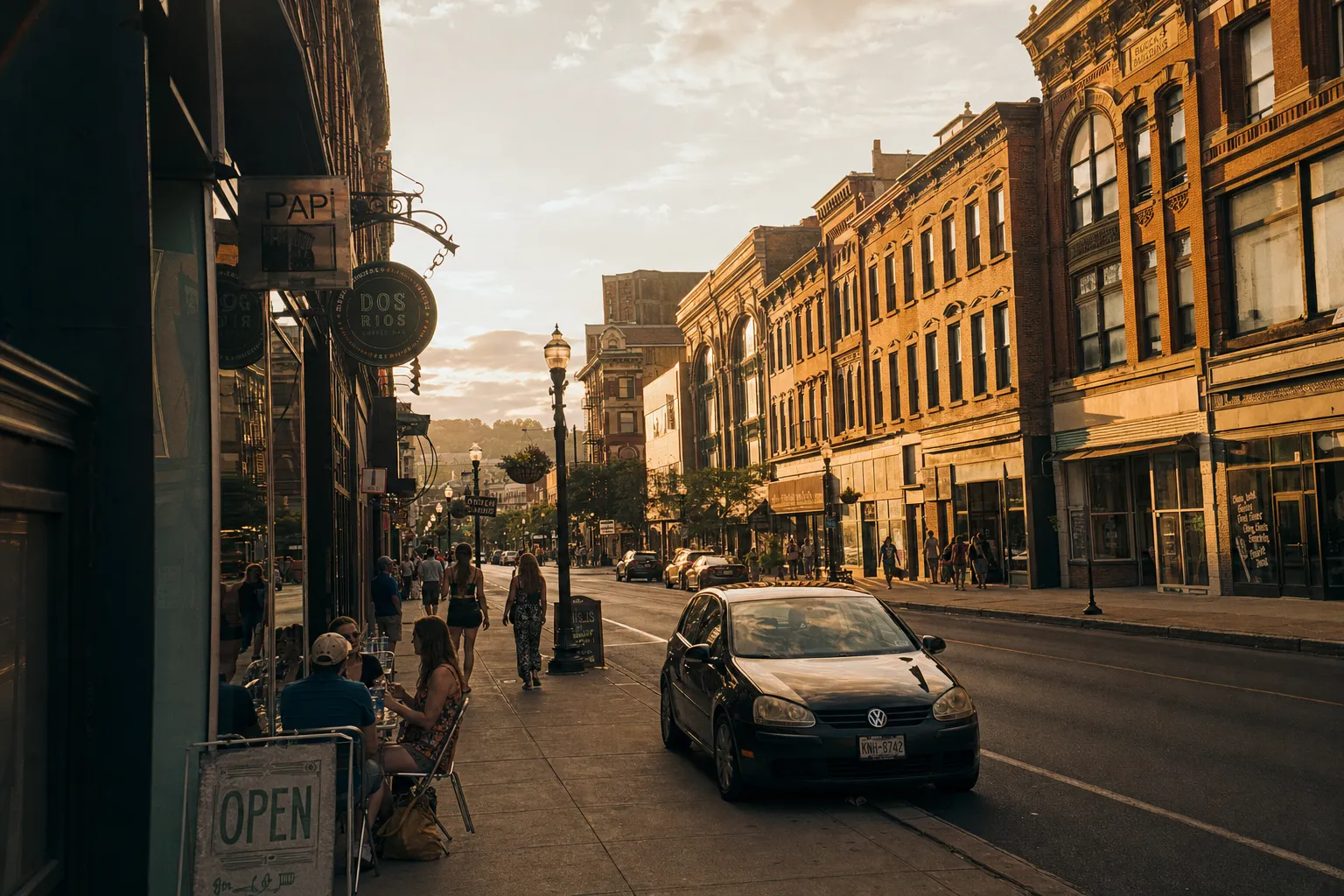 Downtown Binghamton streetscape at golden hour.