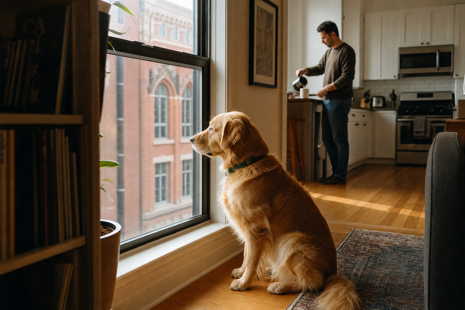 A medium-sized golden retriever sitting on hardwood floor of a downtown apartment, looking out a tall window.