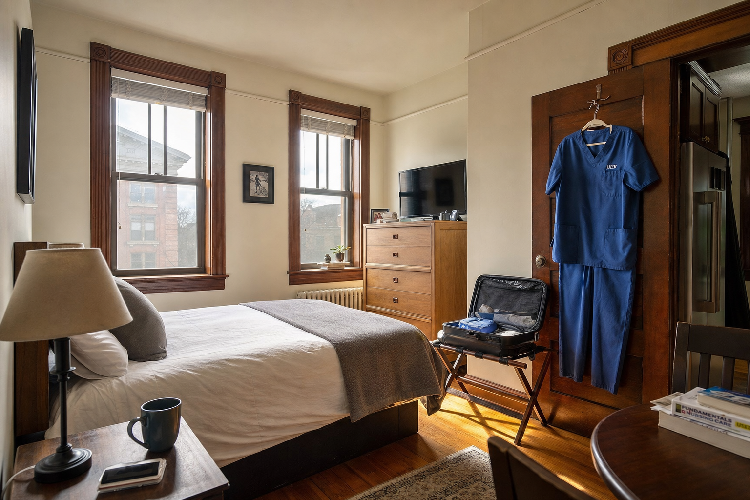 Furnished one-bedroom apartment with scrubs hanging on the door and a coffee mug on the bedside table.