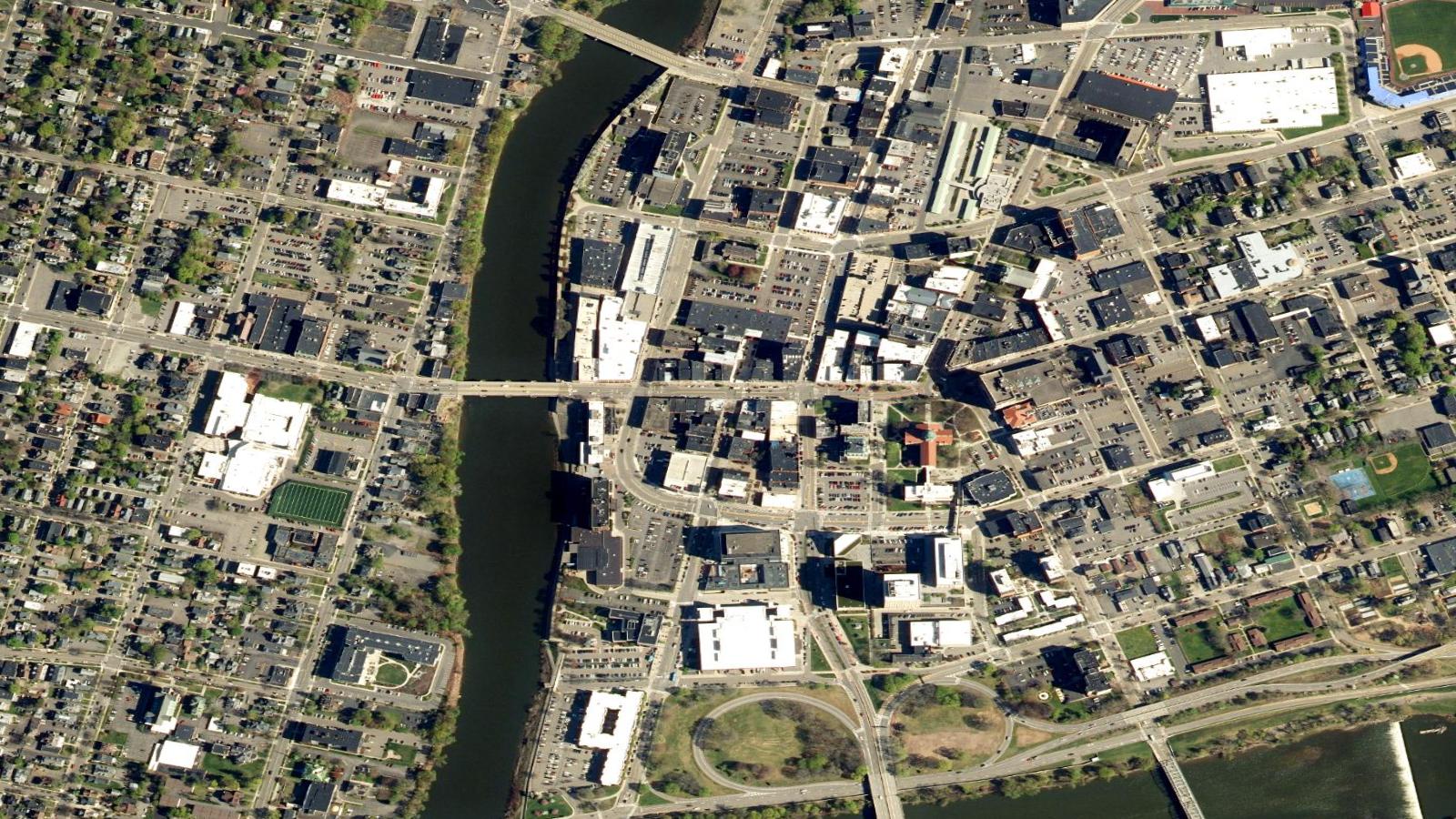 2025 Broome County aerial of downtown Binghamton, where the Chenango meets the Susquehanna.