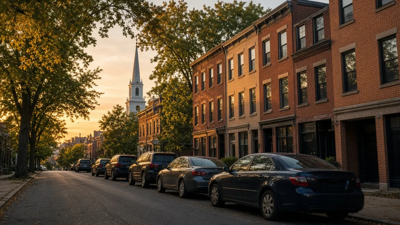 A downtown Binghamton street at sunset.