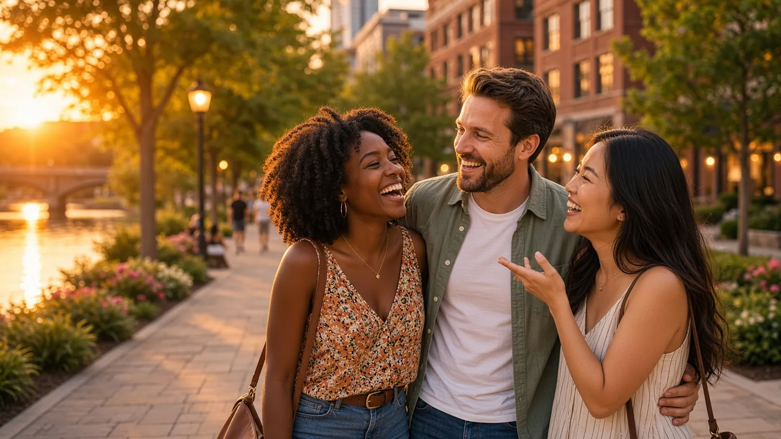 Illustrative neighborhood scene with people outdoors.